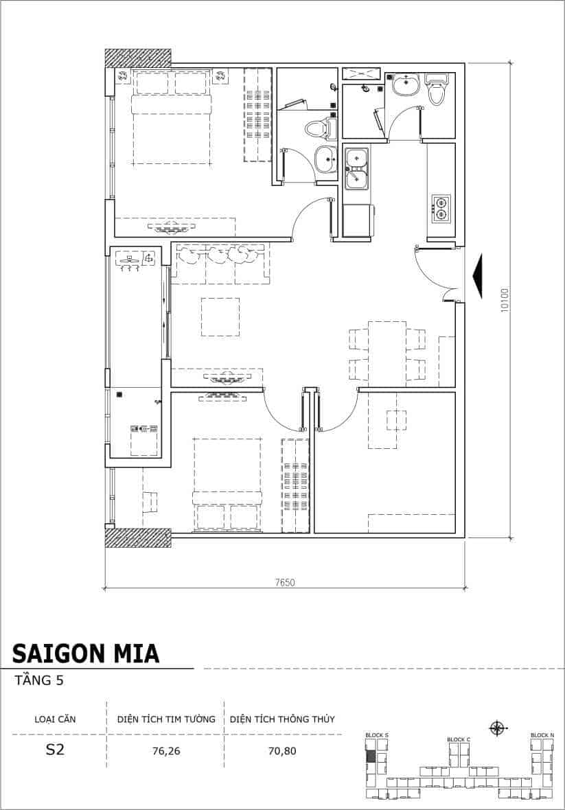 Chi tiết thiết kế căn hộ sân vườn Saigon Mia tầng 5, mã căn S02