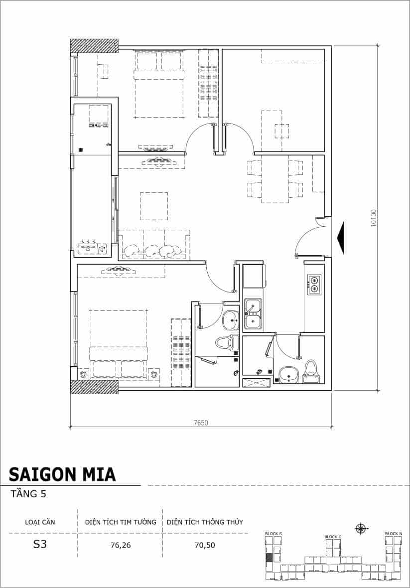 Chi tiết thiết kế căn hộ sân vườn Saigon Mia tầng 5, mã căn S03
