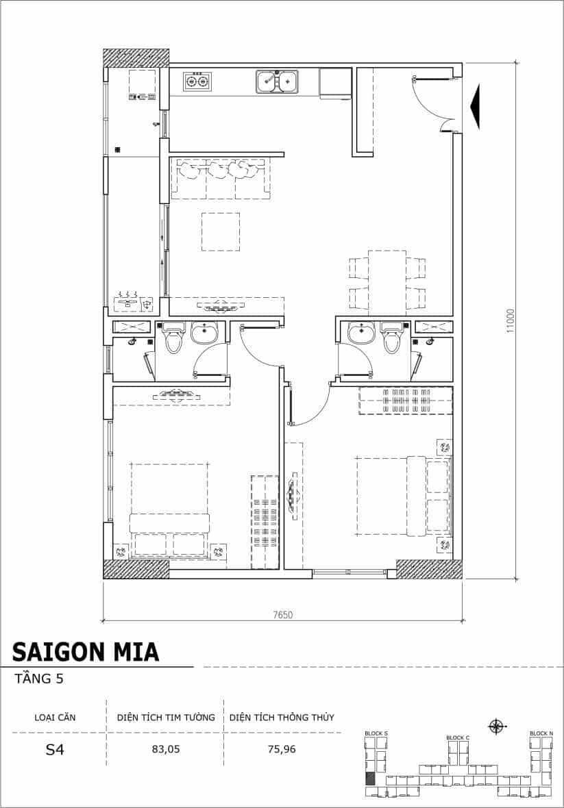 Chi tiết thiết kế căn hộ sân vườn Saigon Mia tầng 5, mã căn S04
