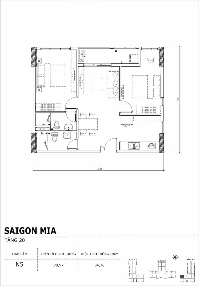 Chi tiết thiết kế căn hộ Saigon Mia tầng 20 - Căn N5