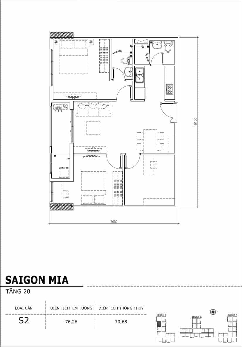 Chi tiết thiết kế căn hộ Saigon Mia tầng 20 - Căn S2
