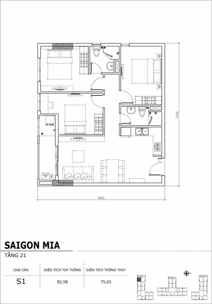 Chi tiết thiết kế căn hộ Saigon Mia Hưng Thịnh Tầng 21-Căn S1