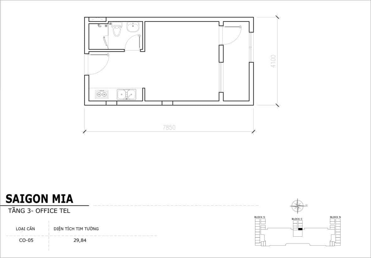 Chi tiết thiết kế Officetel Sài gòn Mia căn CO-05 (Tầng 3)