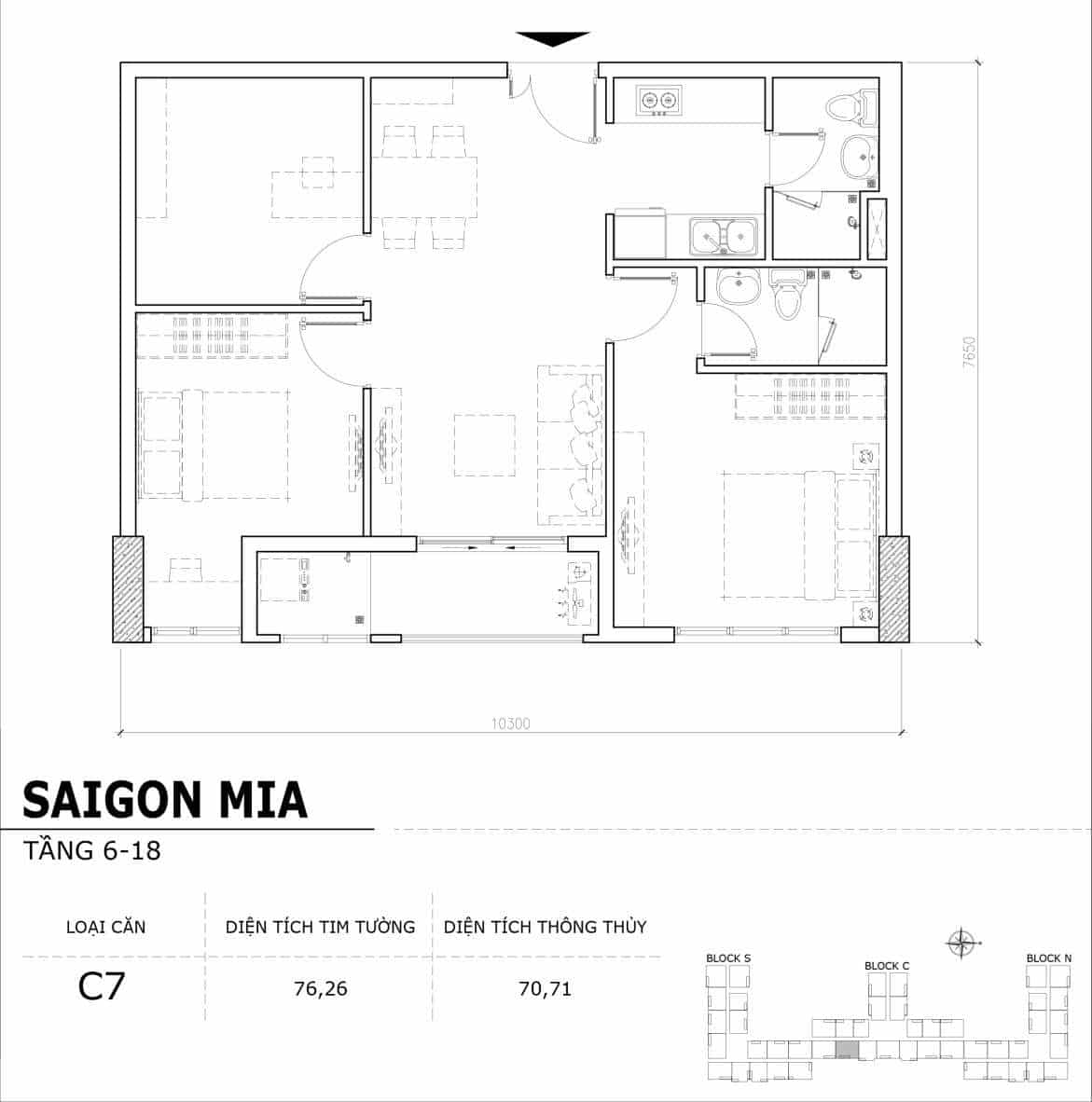 Chi tiết thiết kế căn hộ điển hình tầng 6-18 dự án Sài Gòn Mia - Căn C7