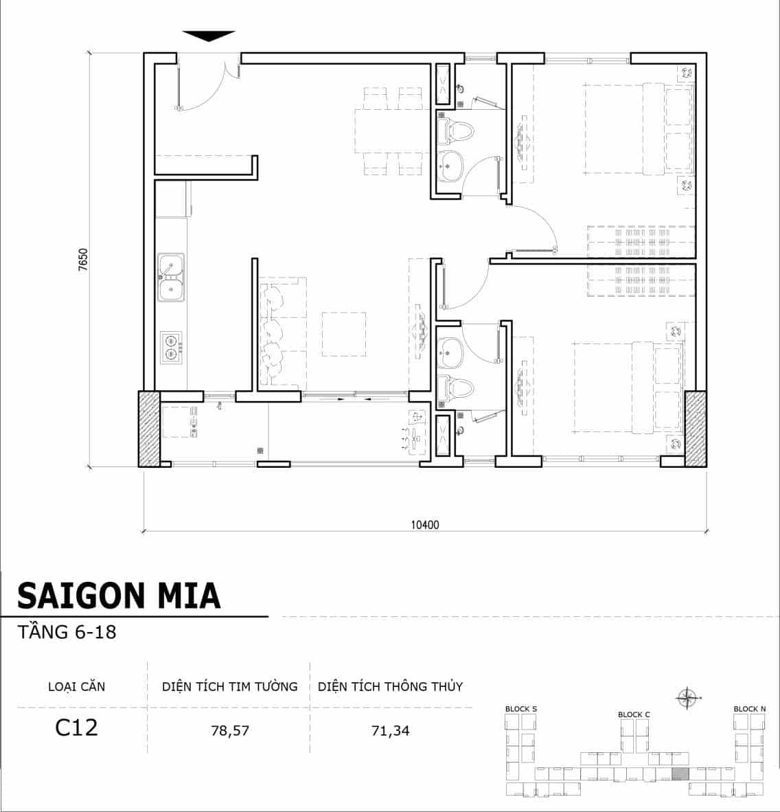 Chi tiết thiết kế căn hộ điển hình tầng 6-18 dự án Sài Gòn Mia - Căn C12