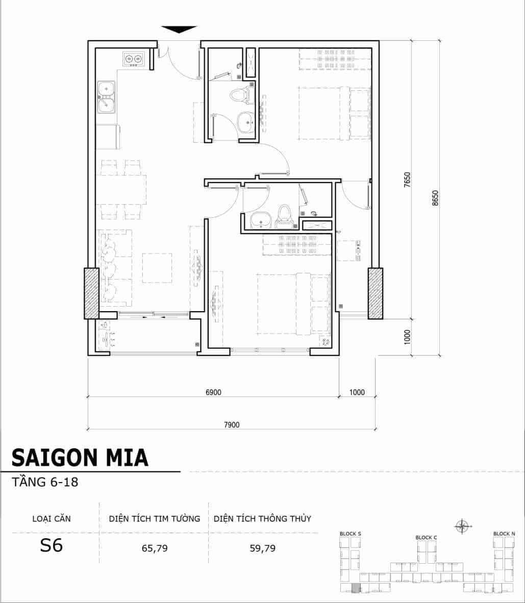 Chi tiết thiết kế căn hộ điển hình tầng 6-18 dự án Sài Gòn Mia - Căn S6