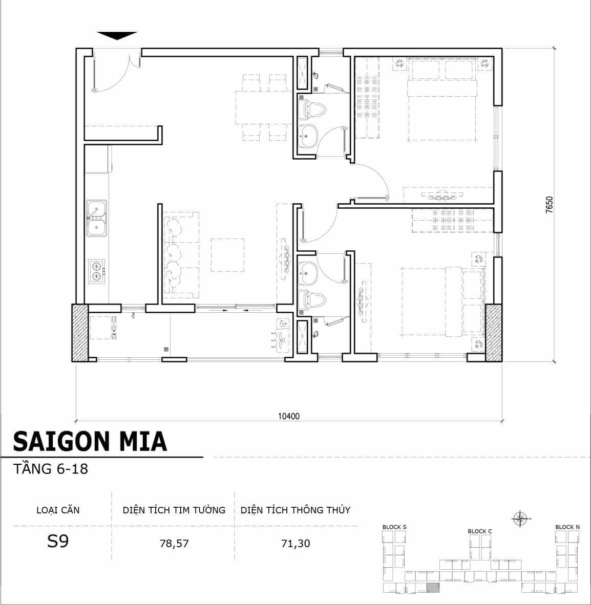 Chi tiết thiết kế căn hộ điển hình tầng 6-18 dự án Sài Gòn Mia - Căn S9
