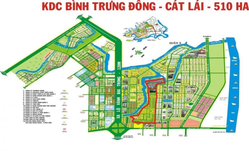 Bản đồ quy hoạch KHD Bình Trưng Đông phường Cát Lái quận 2 - Phố Đông Village bao quanh bởi dòng sông xanh mát