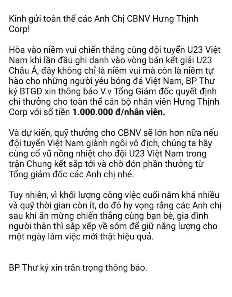 Văn bản thương nóng do thư ký TGĐ Hưng Thịnh Corp soạn thảo